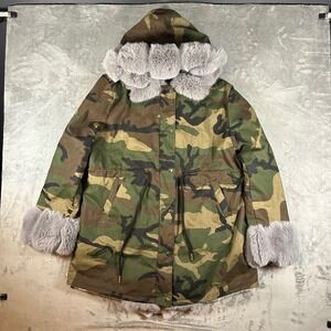 Roiii Aofur Camo Parka Jacket Faux Fur Lined Hooded Woodland Camouflage Large